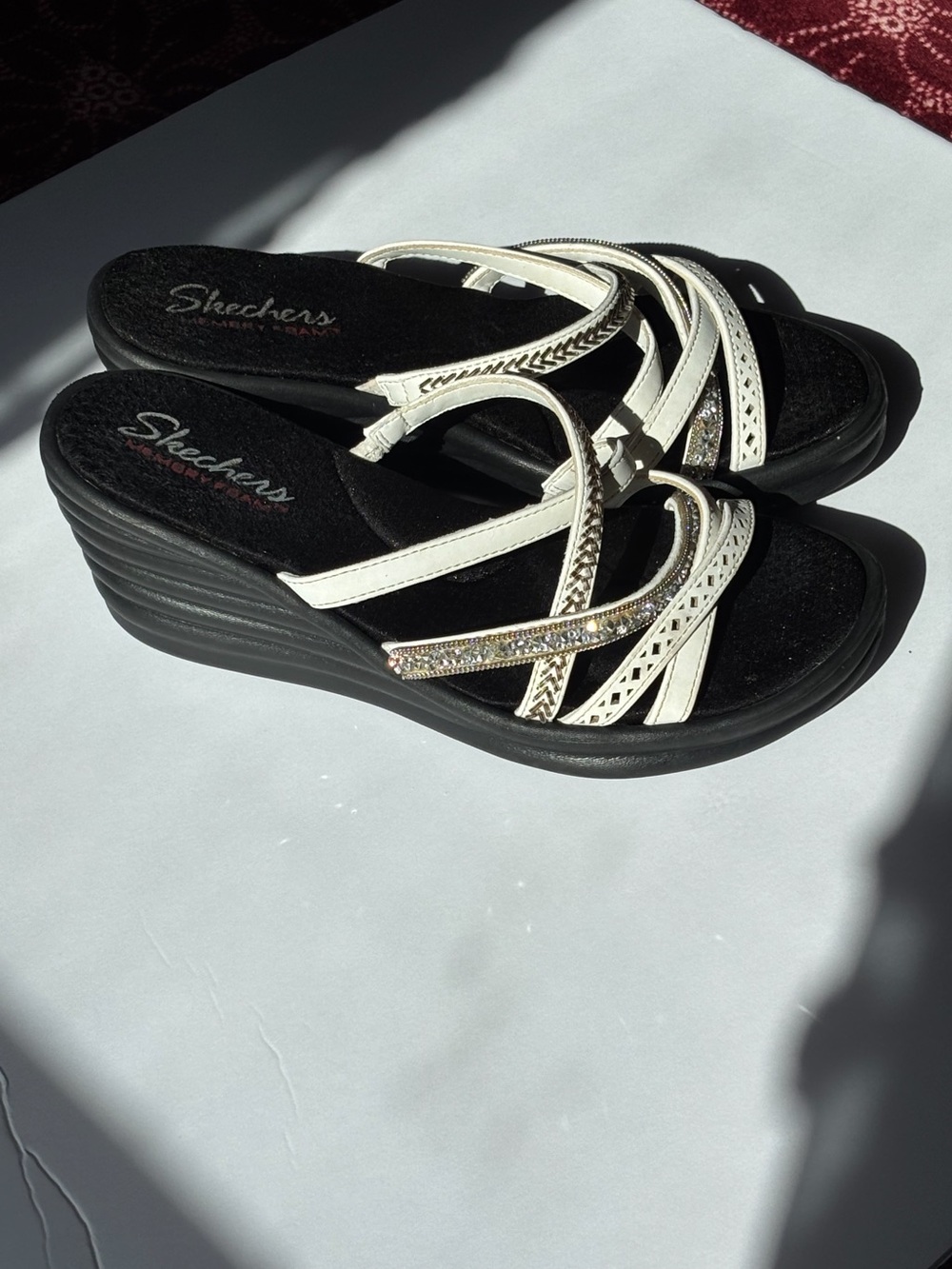 Skechers White Black Rhinestone Multi-Strap Wedges Size 8
